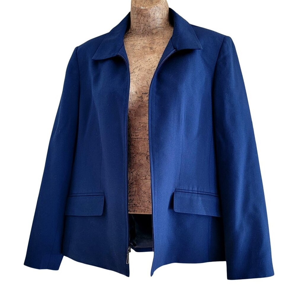 Talbots Wool Navy Blue Zip-Up Jacket With Notched Collar & Front Pockets Woman's